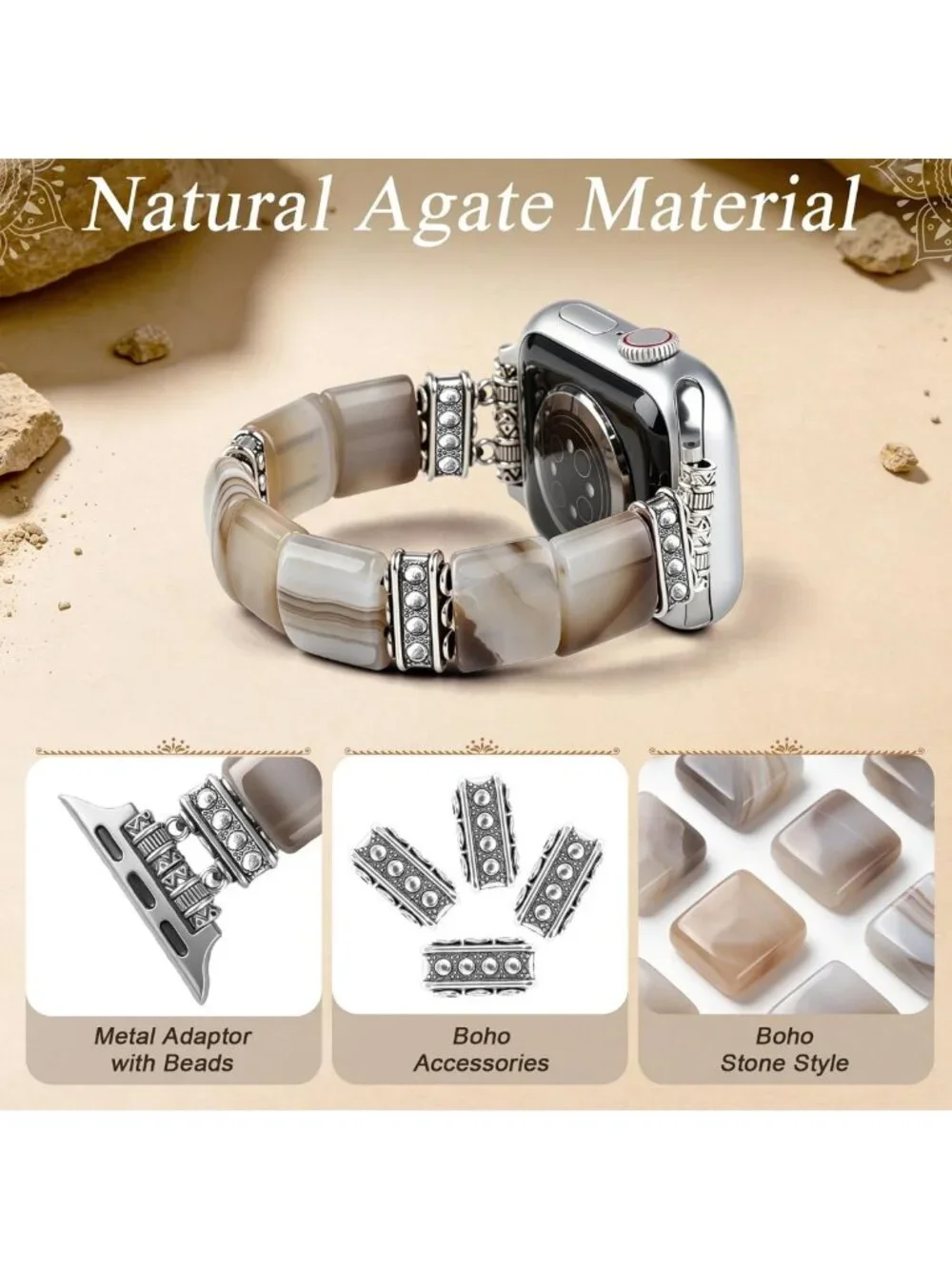 Handmade Natural Agate Beaded Bracelet for Apple Watch - Boho Stretch Strap